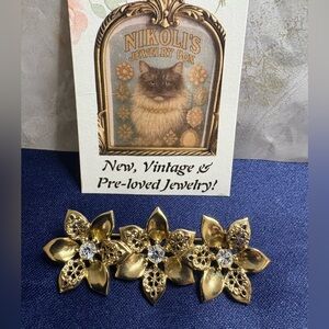 Brooch Pendant Vintage Floral Rhinestone Accents Antique Gold